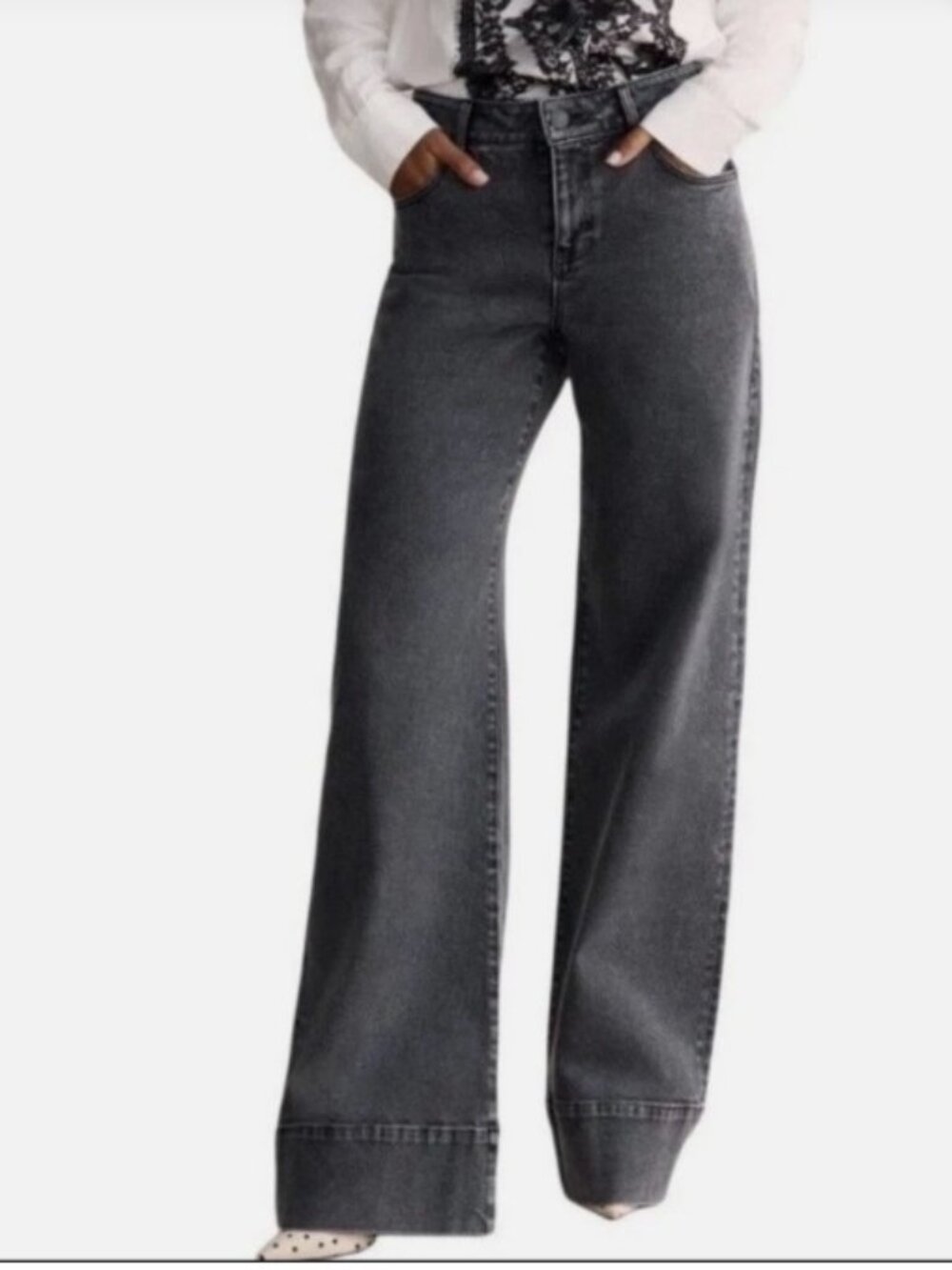 Cabi Brand Women's size 12 Lennox Jean Gray/Black Wash Wide Leg Denim Cuffed